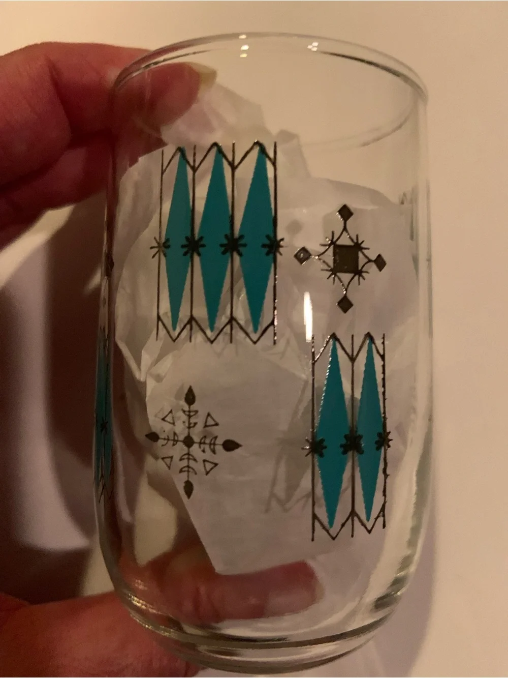 Vintage Mid-Century Modern Atomic Teal & Black Geometric Juice Glasses Set Of 4